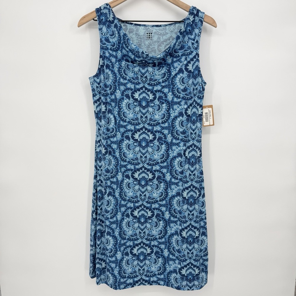 Title Nine Sz M Sleeveless Breeze Blue Dress Cowl Neck Floral Stretch Jersey